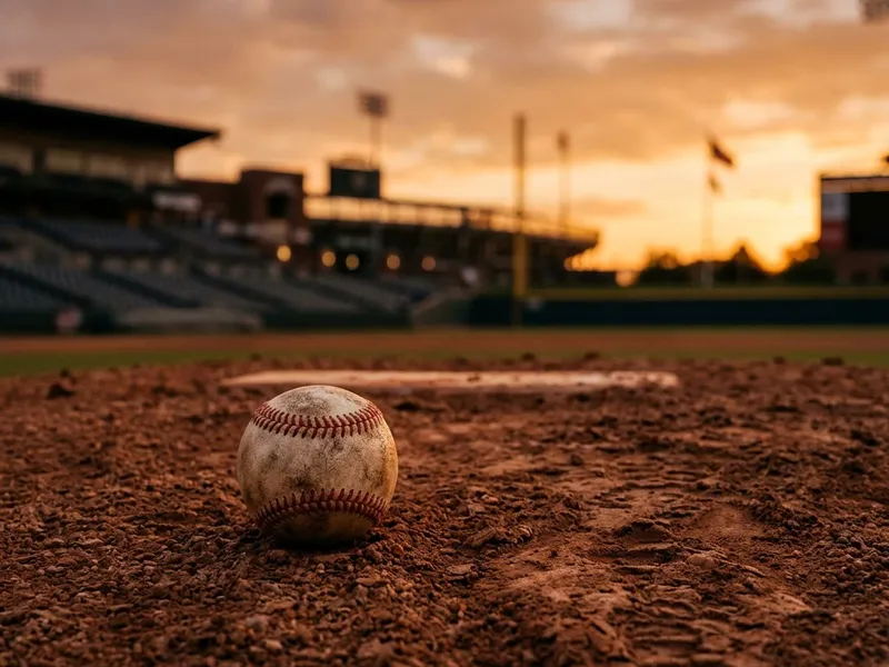Baseball stadium at night viewed from behind home plate