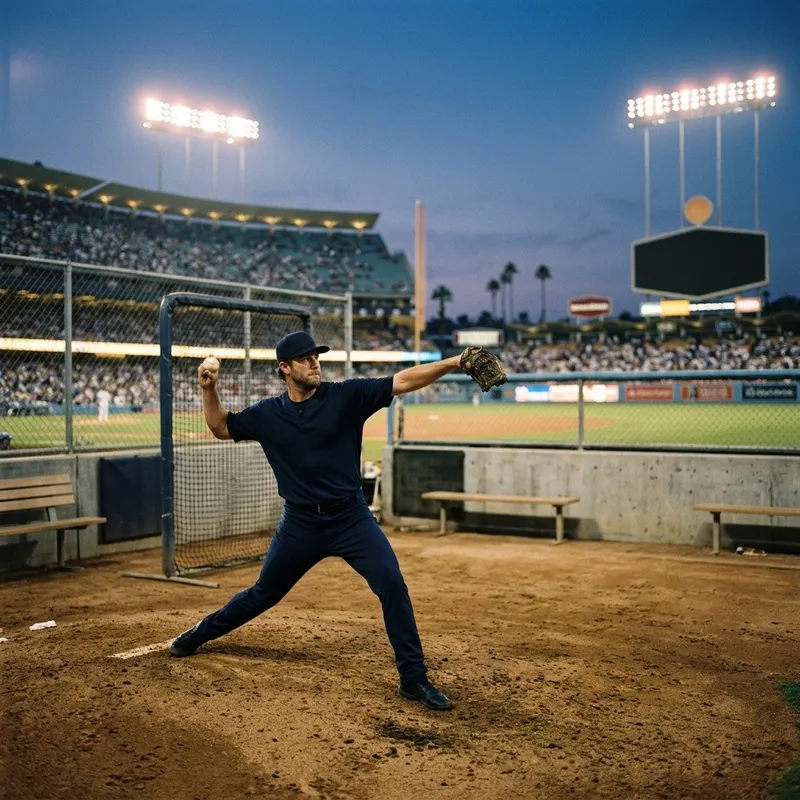 Relief pitcher warming up in a baseball bullpen under stadium lights