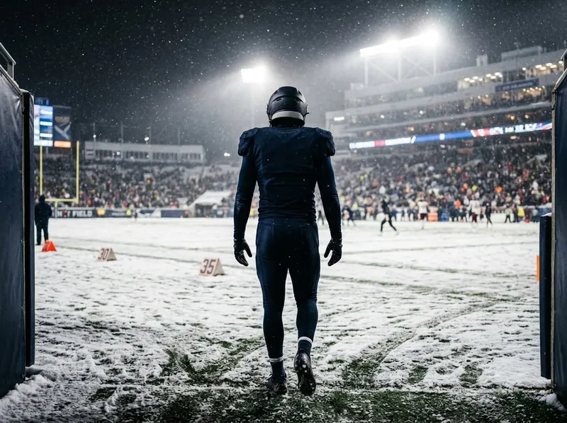 A football player, seen from behind, walks out onto a snowy field at night as a crowd fills the stands