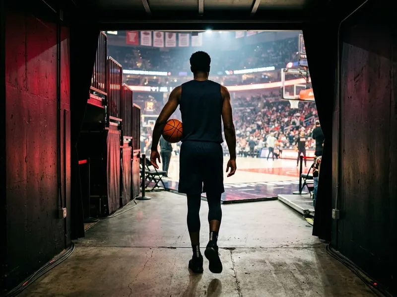 A basketball player, seen from behind with a ball under one arm, walks out of the arena tunnel towards a lit court and crowd