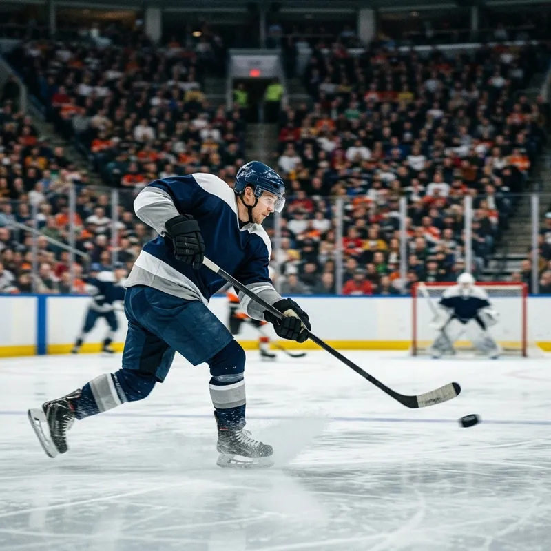Close-up of a hockey player taking a shot on goal during a game