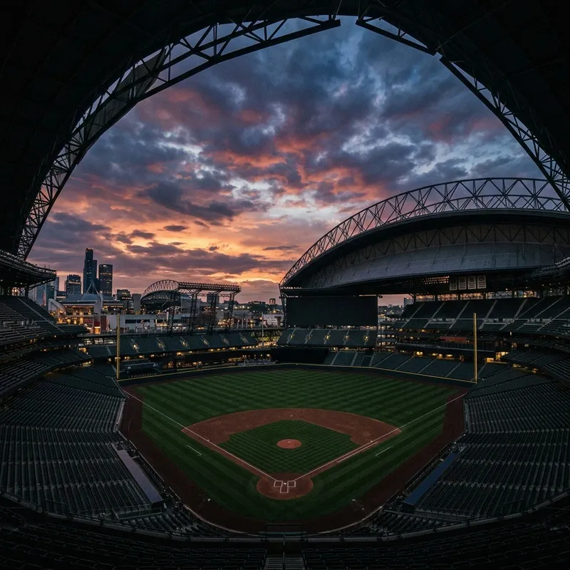 Retractable stadium roof partly open over a baseball field at dusk