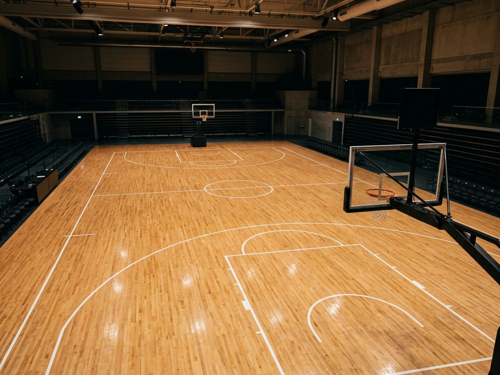 Basketball arena court and hoop under arena lighting