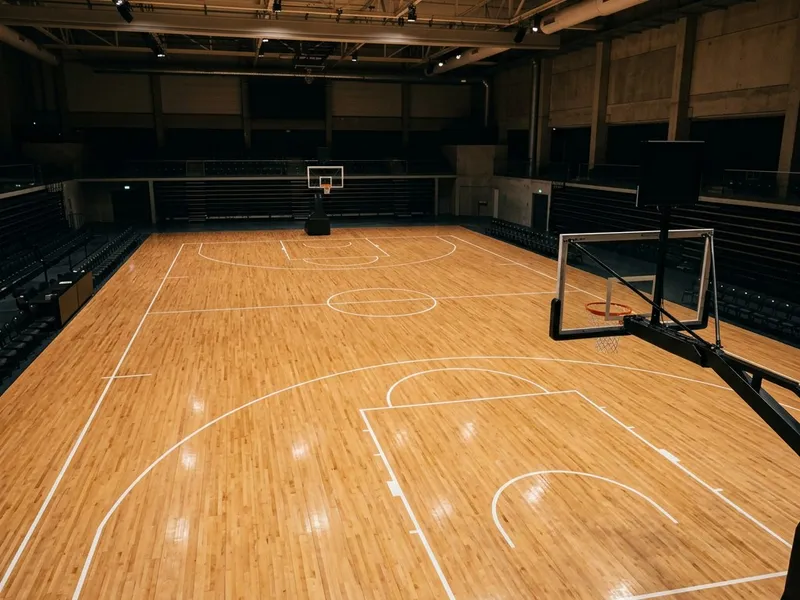 Basketball arena court and hoop under arena lighting