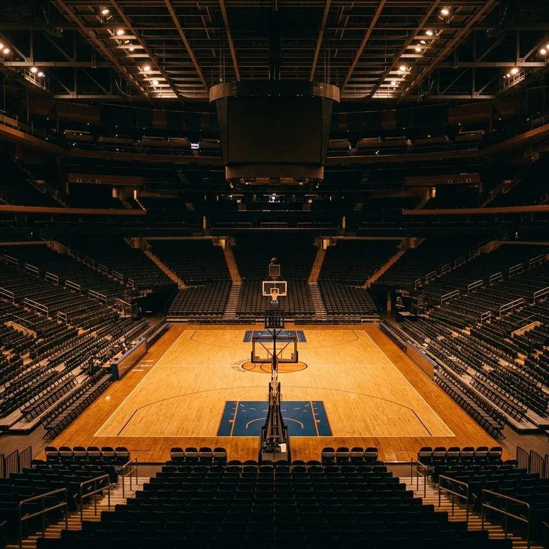 Basketball arena with the court lit before tip-off