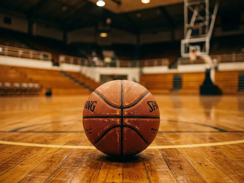 Basketball arena with the court lit before tip-off