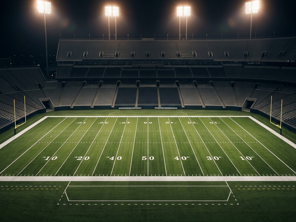American football on a stadium field under floodlights