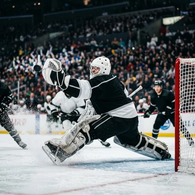 NHL goaltender making a glove save during a close hockey game