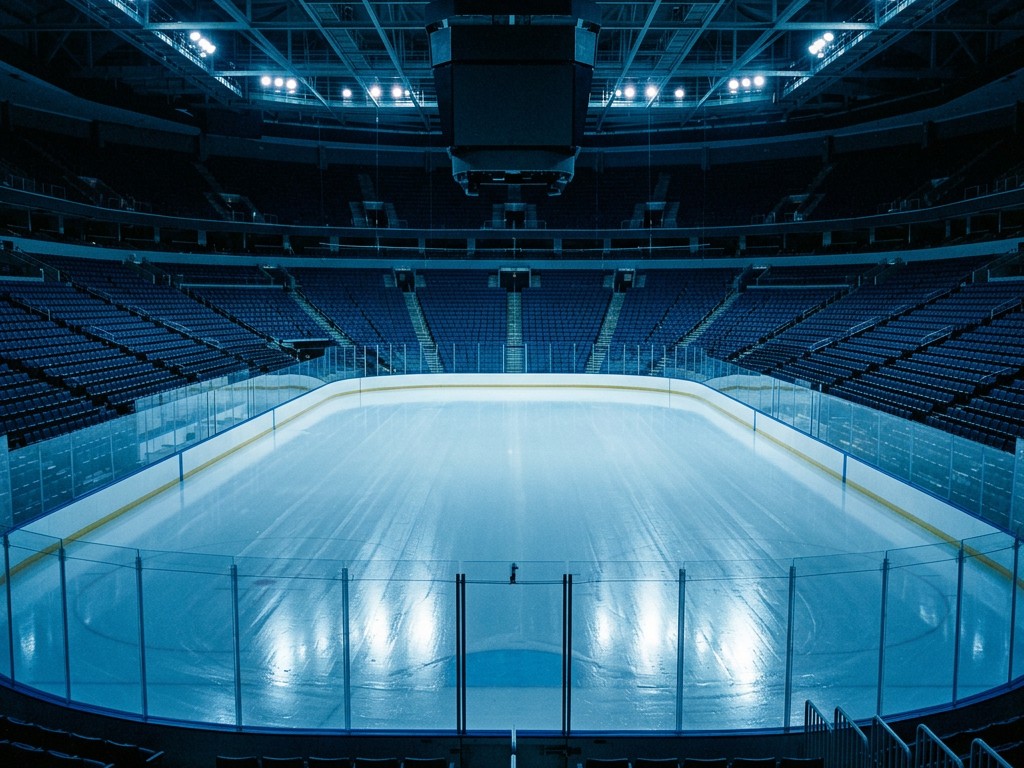 Hockey arena ice and goal net under bright lights