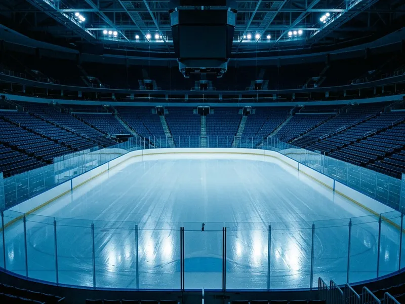 Hockey arena ice and goal net under bright lights