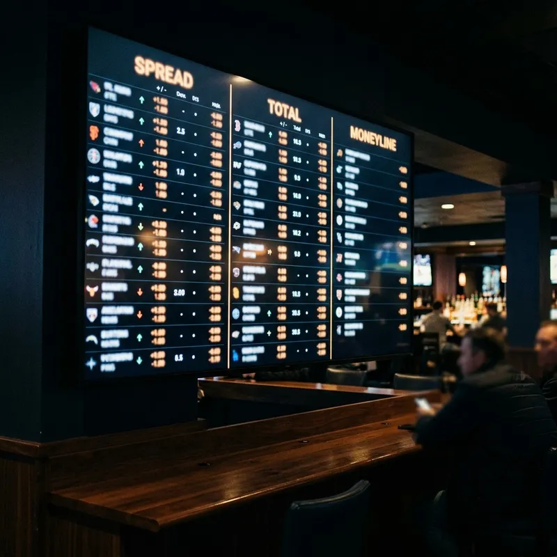 Close-up of a sportsbook line showing point spread, total, and moneyline columns